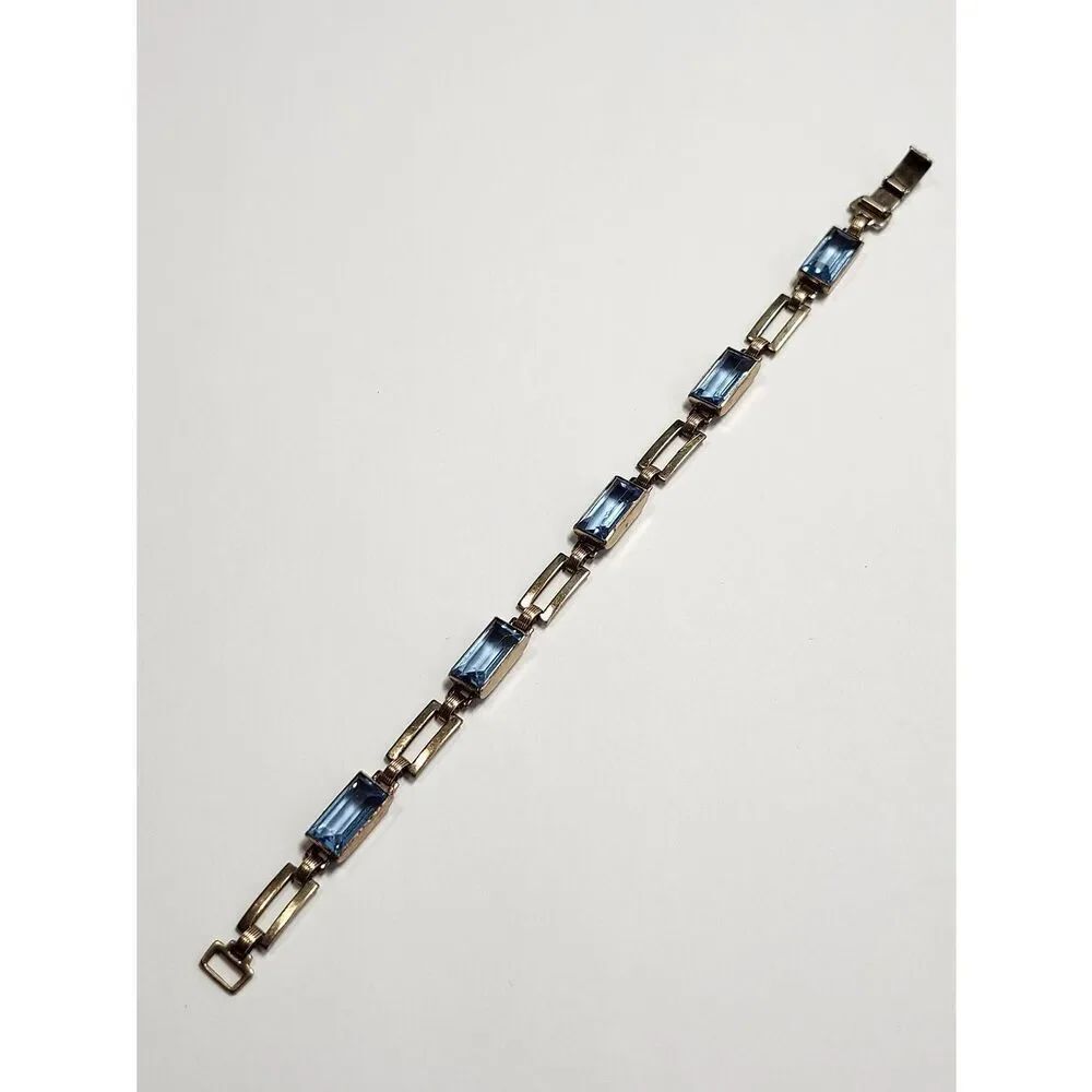 14K Over Sterling Vintage Link Blue Glass Stone Bracelet